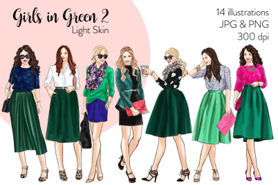 Watercolor Fashion Clipart - Girls in Green 2 - Light Skin