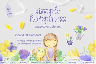Simple happines. Set of watercolor flowers, leaves, cat and girl