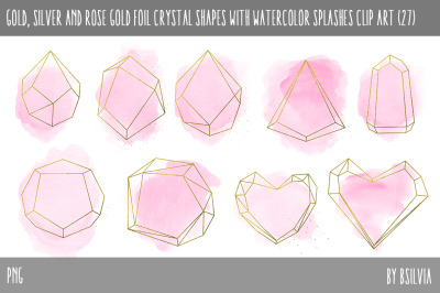 Gold, Silver and Rose Gold Crystals with Watercolor Splashes Clip Art