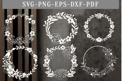 Bundle Of 6 Floral Wreath Papercut Templates, Flower Scrapbook DXF SVG