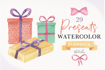 Watercolor Presents Gifts Clipart Elements Tags Banners Bows