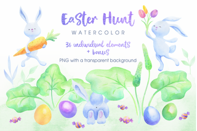 Easter hunt. Watercolor bunnies, flowers and eggs