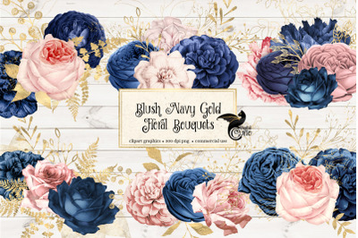 Blush Navy and Gold Floral Clipart