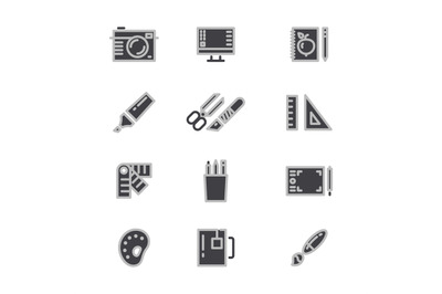 Office statonery, creative and graphic design tools line icons