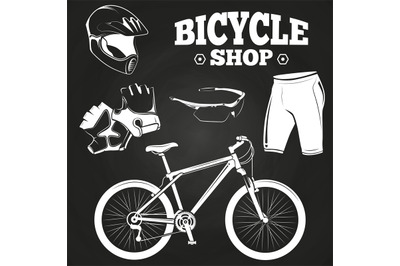 Bicycle shop on blackboard - helmet, bicycle, gloves