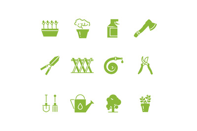 Green gardening tools and accessories icons set