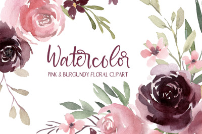 Watercolor Burgundy &amp; Pink Flowers PNG