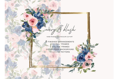 Watercolor Navy and Blush Floral Bouquet Clipart