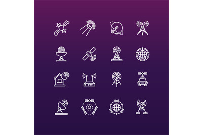 Satellite and orbit communication thin line icons set