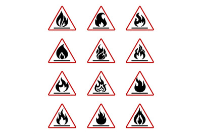 Danger fire icons with flame isolated on white