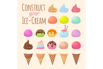 Cartoon ice cream and waffle cone cartoon creation constructor