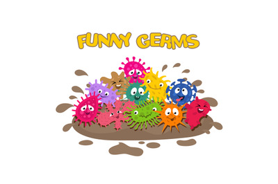 Funny vector germs. Cartoon bacteria splash in mud vector illustration