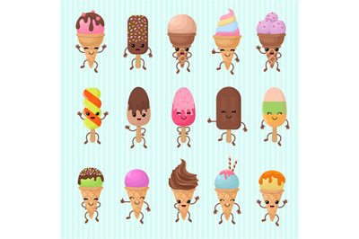 Funny ice cream vector characters with happy smiling faces