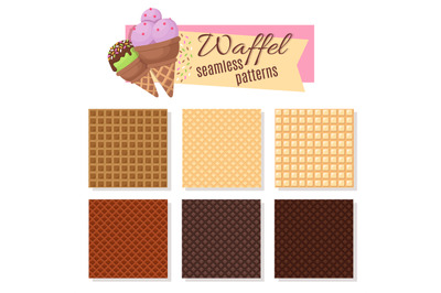 Ice cream waffel cone seamless vector patterns