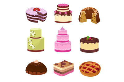 Happy birthday party cakes with decorations isolated on white. Cartoon