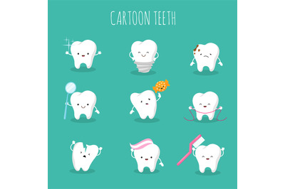 Cute cartoon tooth vector set. Baby teeth health and hygiene icons