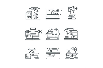 Industrial machines vector line icons. Factory machine tools symbols