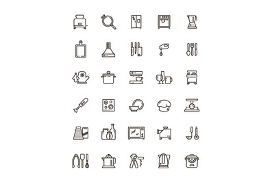 Cuisine, kitchen tools and appliances line vector icons. Restaurant co