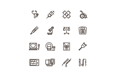 Healthcare medical equipment and hospital line vector icons