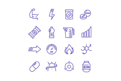 Sports vitamins and food supplements thin line vector icons. Fat burni