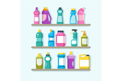 Household cleaner products and laundry goods on shelves. House cleanin