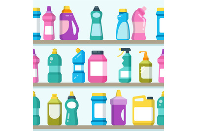 Household goods and cleaning supplies on supermarket shelves seamless