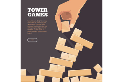 Background illustration with wood brick in hand. Tower games concept