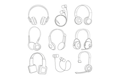 Vector mono line pictures set of headphones