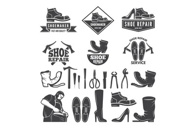 Monochrome illustrations of various tools for shoe repair. Labels or l