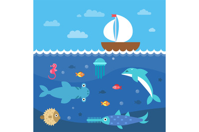 Stylized flat vector illustrations of underwater life