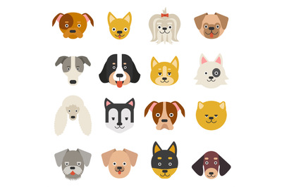 Heads of home pets. Funny dogs in flat style