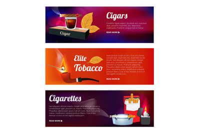 Horizontal banners with illustrations of hookah, cigarettes and variou