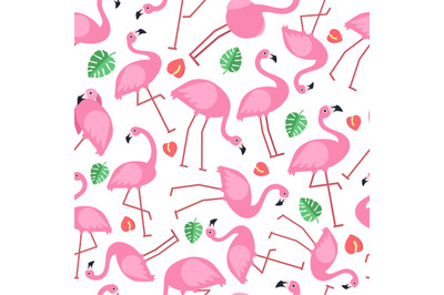 Seamless pattern with pictures of pink flamingo and tropical flowers