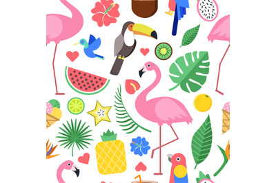 Seamless pattern with various pictures of tropical flowers and other p