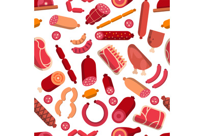 Seamless pattern with pictures of meat products. Pictures for butcher