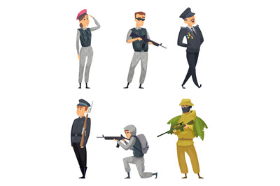 Military soldiers with various weapons. Vector characters