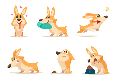 Various illustrations of funny little dog in action poses