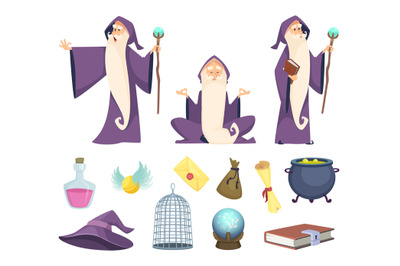 Set of magician tools and male wizard character. Vector pictures isola