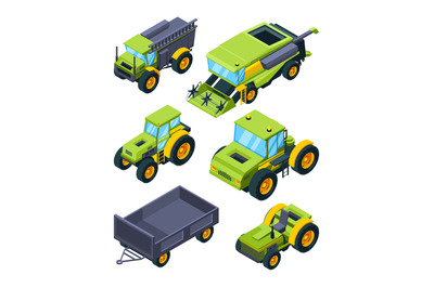 Isometric illustrations of combine, tractor and other various agricult