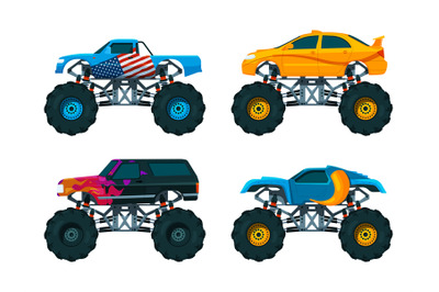 Set big monster truck cars. Vector pictures set