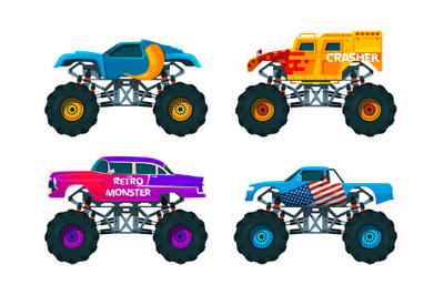 Van 4x4 with big wheels. Vector pictures of monster trucks