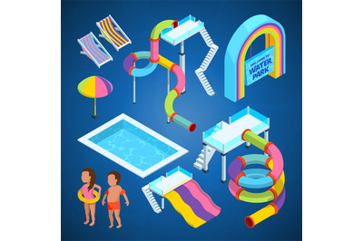 Isometric pictures of water park. Various attractions at swimming pool