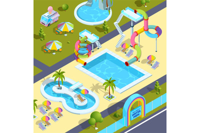 Pictures of outdoor attractions in water park. Vector isometric illust