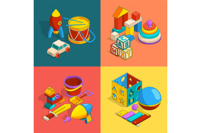 Four thematic groups of preschool children toys. Vector isometric illu