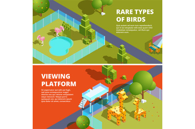 Horizontal banners with zoo and funny animals. Isometric 3d illustrati