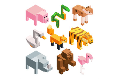 Vector pictures set of funny stylized animals. Isometric illustrations