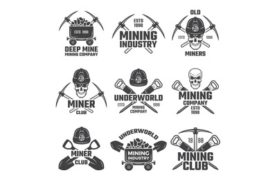 Industrial gold and various mineral mining. Black labels vector set