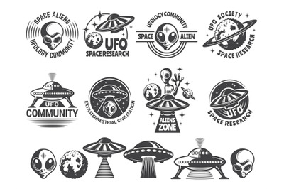 Badges set with ufo and aliens. Vector design templates with place for