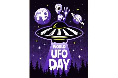 Retro poster concept for world day of ufo. Pictures of funny alien