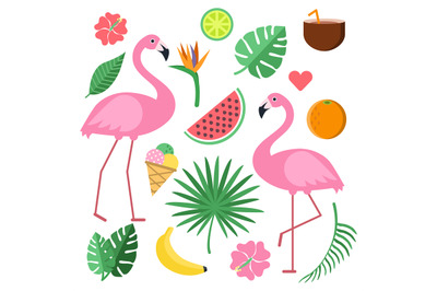 Illustrations with summer symbols. Tropical fruits and flowers